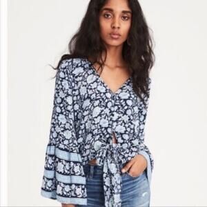 American Eagle Floral V-Neck Tie-Front Blouse with Flare Sleeves